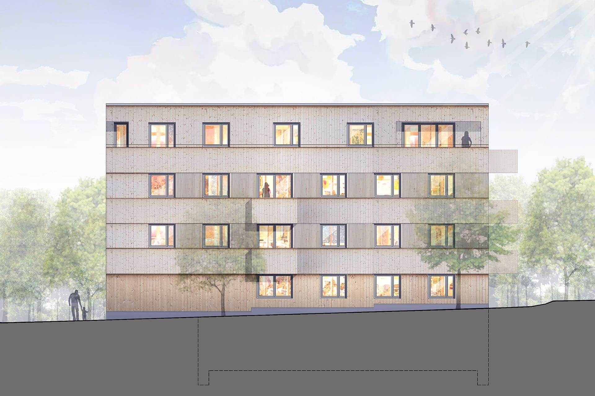 Holzhybridhaus in Waiblingen, Ansicht-West - Aldinger Architekten